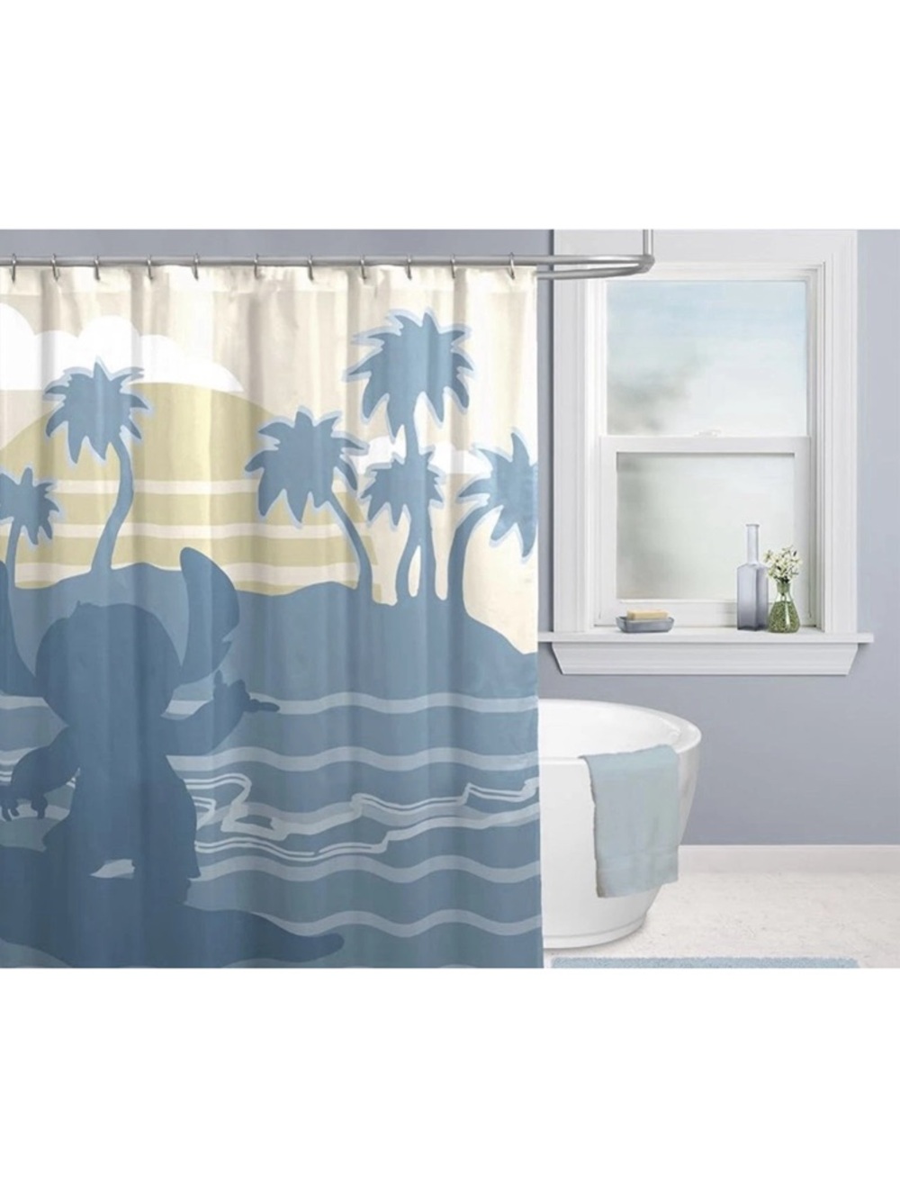 Disney Stitch Beach Scene Shower Curtain - Blue, Cream, Purple
